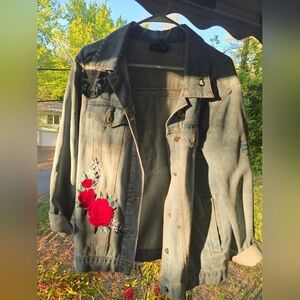 Embroidered Denim Jacket with Red Floral Design